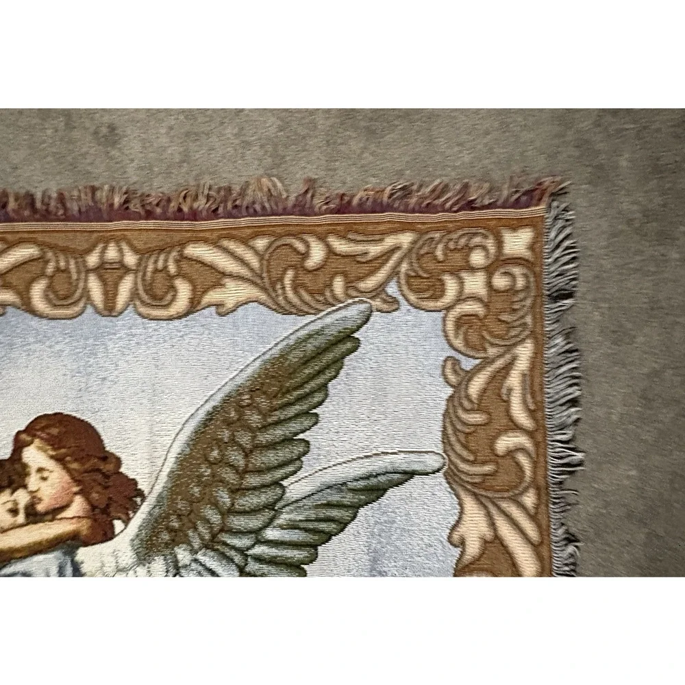 Vintage American Weavers Guardian Angel Throw Tapestry Wall Hanging 48 X 57